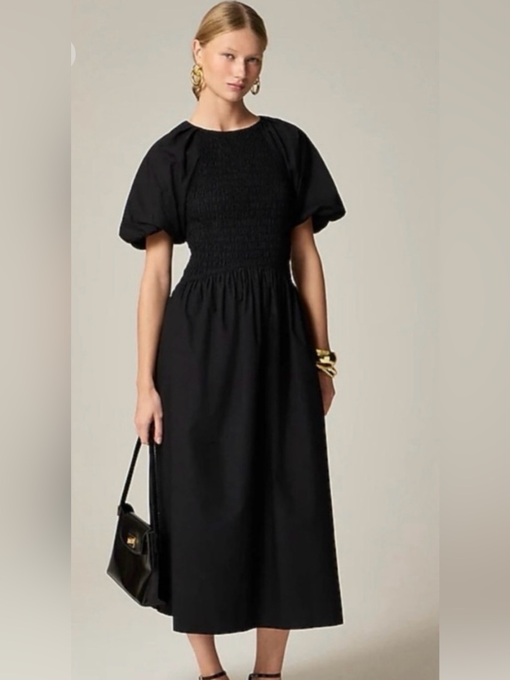J. Crew Black Smocked Maxi Dress with Puff Sleeves